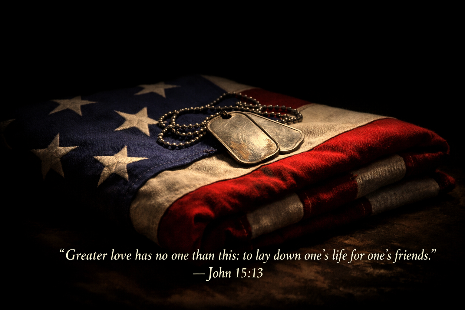 John 15:13 Bible verse wallpaper military dog tags draped over folded flag dramatic dark lighting sacrifice love